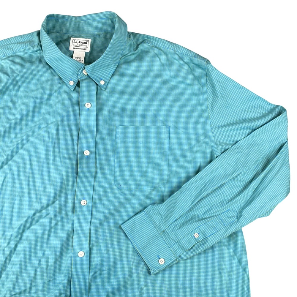 L.L.Bean Mens XXL Traditional Fit Blue Green Check Cotton Button Down Shirt